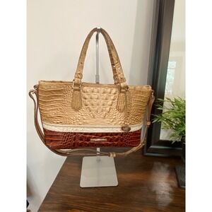 Brahmin Colorblock Croc Embossed Leather Tote Bag Tan Cream Cognac Crossbody
